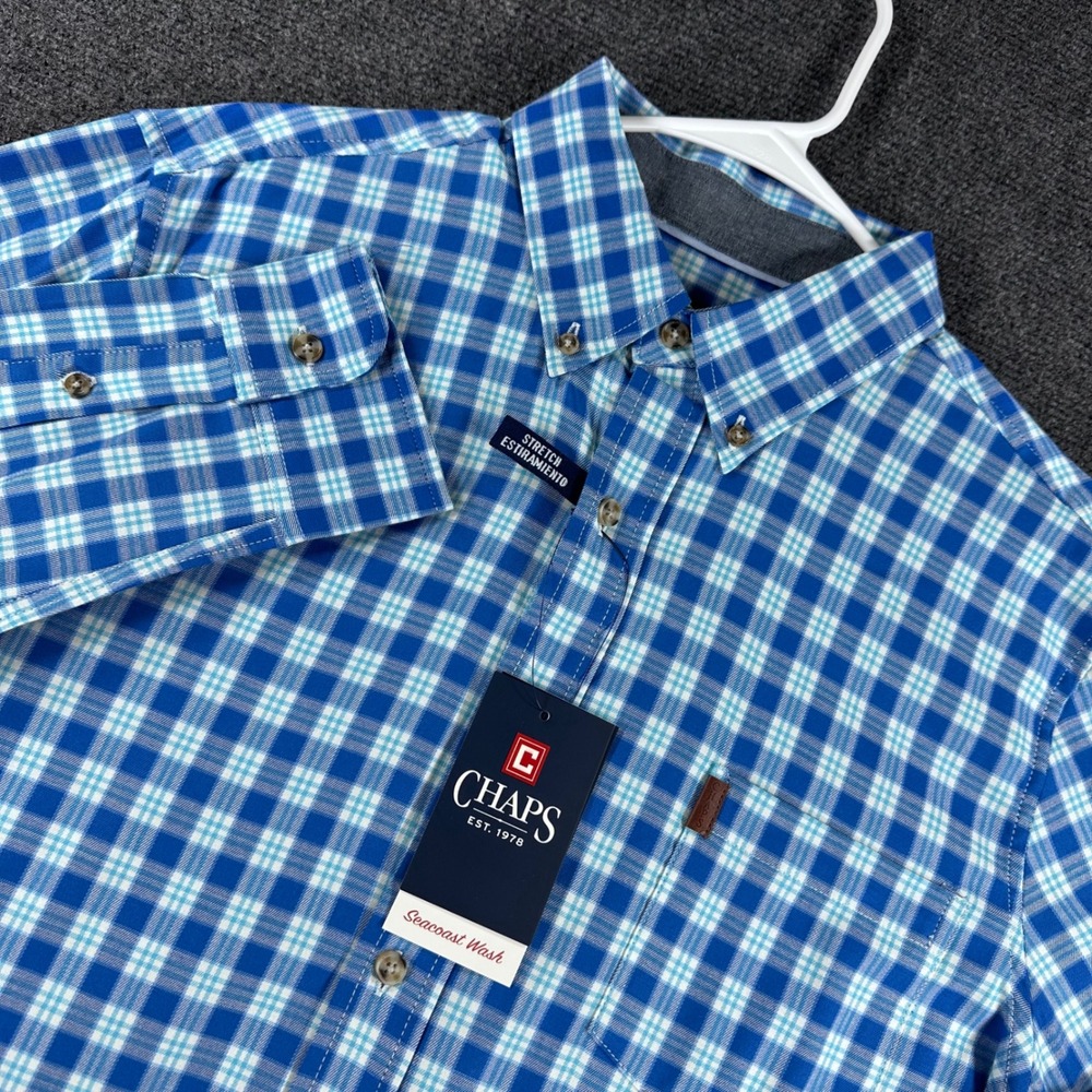 Chaps Button Down Shirt Mens M Medium Blue Plaid Stretch Long Sleeve NWT